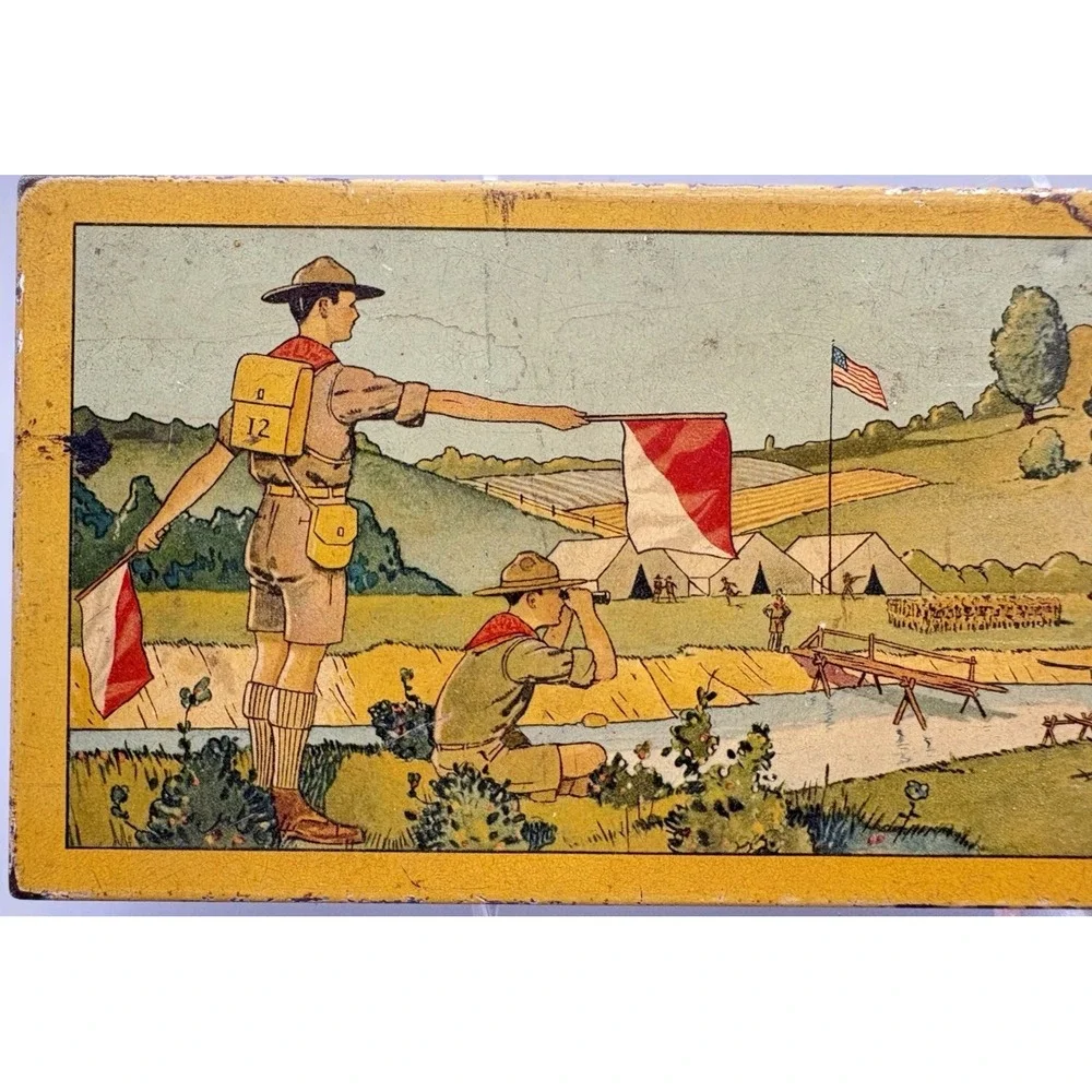 Vintage tin litho box Wallace Pencil Co Boy Scouts signal flags yellow 1920's